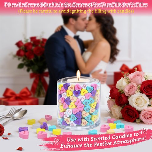 240 Pcs Foam Conversation Hearts Vase Filler, Valentine's Day Heart Ornament for Floating Candles, Wedding & Party Decor, 6 Colors & 6 Messages(Mixed Colors Heart Shaped)
