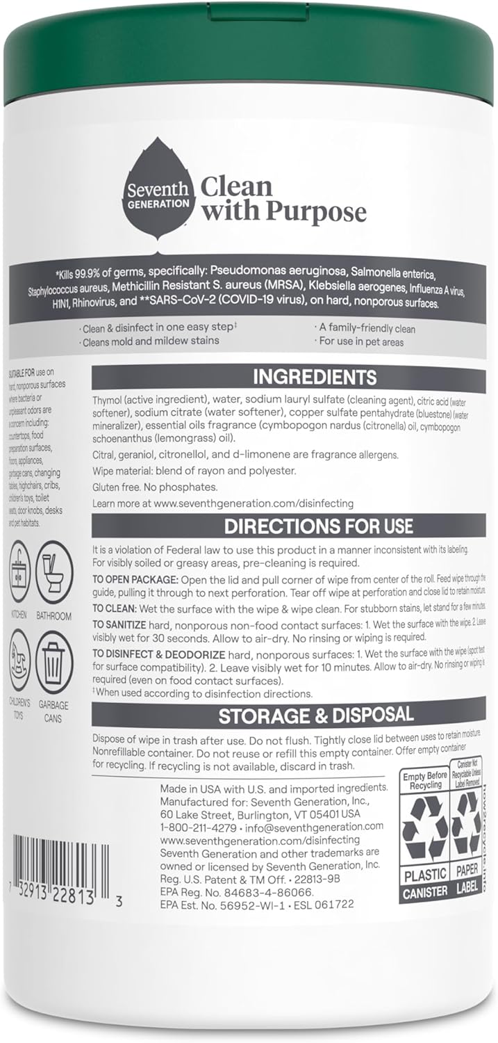 Seventh Generation Disinfecting Multi-Surface Wipes - Lemongrass Citrus, 70 Count | Pack of 3