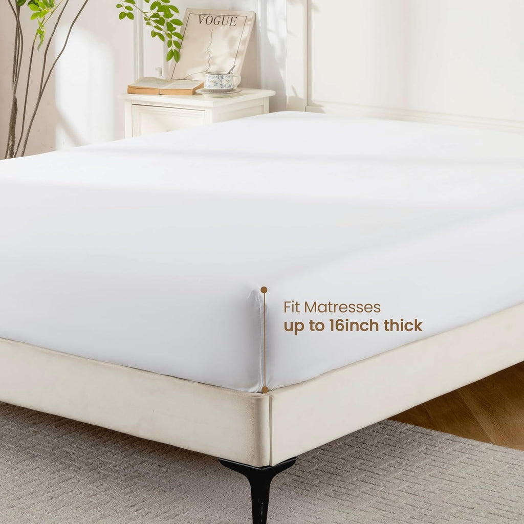 Rose&RISY Queen Fitted Sheet - Soft, Breathable & Cooling | 16" Deep Pocket, White