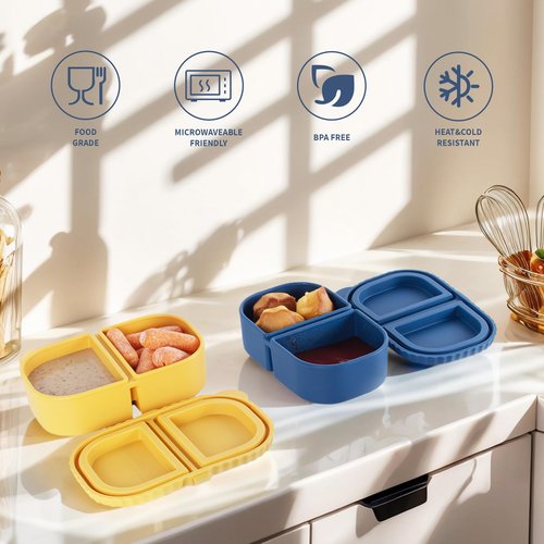 MACTANO 2 Pack Reusable Silicone Snack Containers with Lids, 8.5 oz Double Compartment Condiment Meal Prep Control Containers Portable Small Leakproof for Office Travel Picnic
