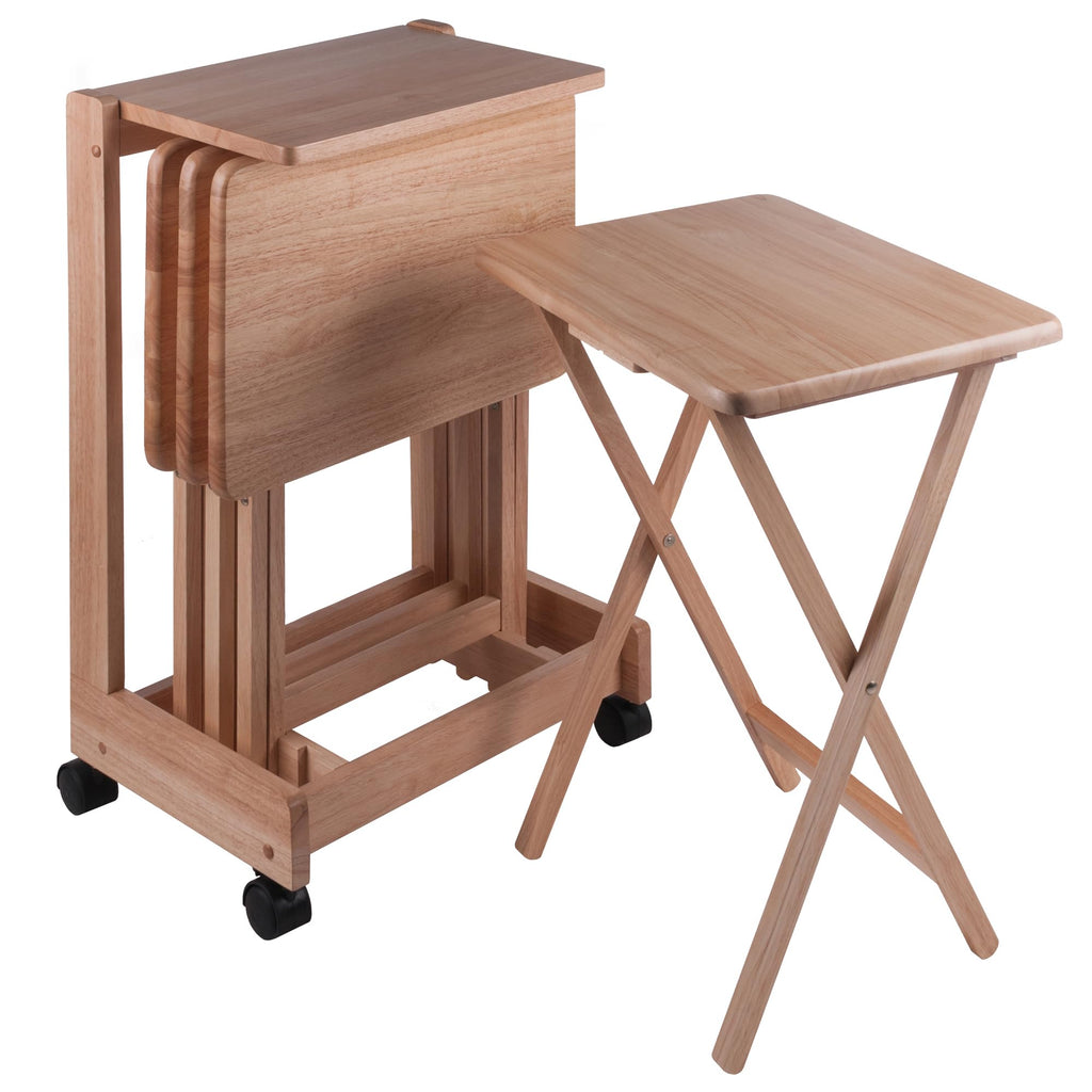 Winsome Brienda Snack Table Set with Mobile Serving Cart, for Living Room, Patio, 32", Natural, Set of 4 Tables