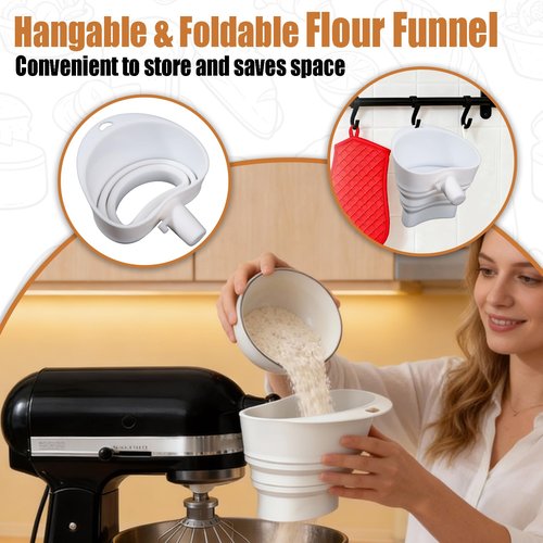 Flour Funnel for Kitchen Aid Mixer, Silicone Funnel with Spatula and Flour Brush, Anti-Splash Attachment for Kitchen Aid Artisan KSM150 5-Quart Tilt-Head Mixer, No-Mess Pouring Baking Tool (White)