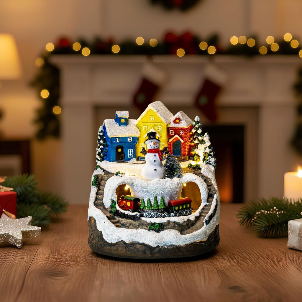 ZQQLITE Animated Musical Christmas Snowman Village - Lighted Figurines with Rotating Train for Home Decor