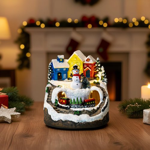 ZQQLITE Animated Musical Christmas Snowman Village Houses with Rotating Train, Lighted Christmas Village Collection Figurines for Home Tabletop Decorations Ornaments Gifts