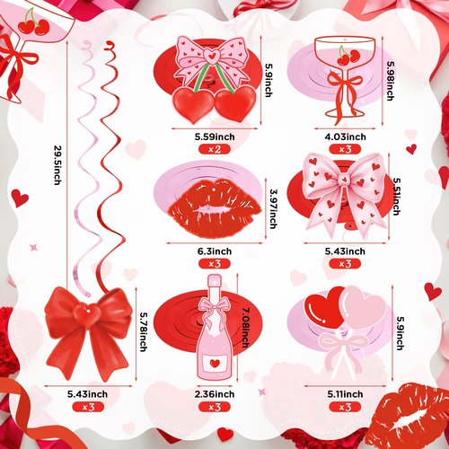 K KUMEED 20 Pcs Valentine's Day Party Decorations,Glitter Heart Cherry Bow Hanging Swirls,Red Pink Valentines Day Party Supplies Home Classroom Office Wedding Party Anniversary