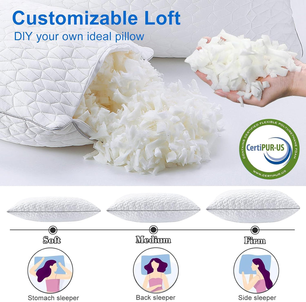 Skiennix Cooling Pillows | Queen Size Set of 2 | Shredded Memory Foam for Hot Sleepers | 20" x 30", White