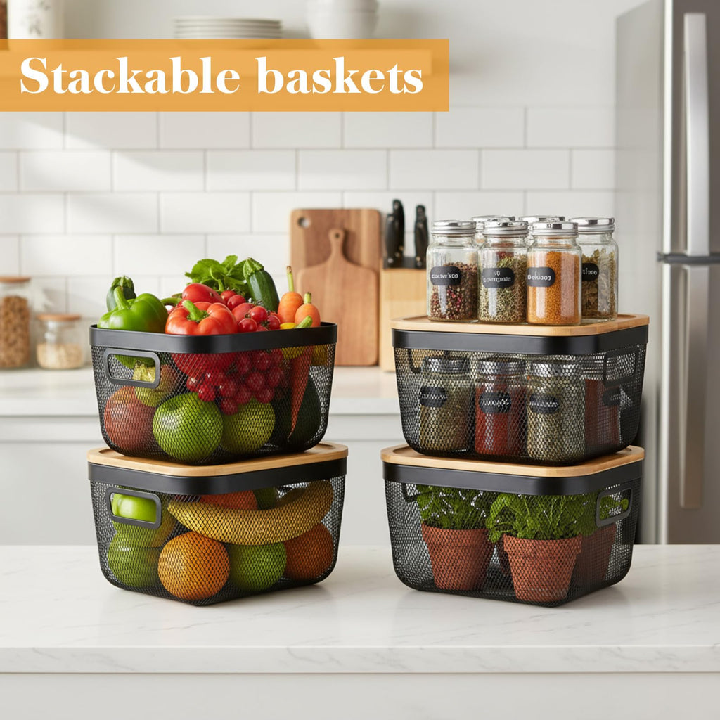 Maxdot 4 Pack Metal Mesh Steel Basket with Bamboo Lids 9.65 x 9.65 x 6.89 Inches Stackable Metal Mesh Basket with Handles Wire Storage Bin for Storage Fruits Pantry Bathroom Kitchen Cabinets Shelves