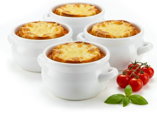 KooK French Onion Soup Crocks with Handles, Ceramic, Dishwasher, Microwave, Oven & Broil Safe, White Set of 4, 18 oz
