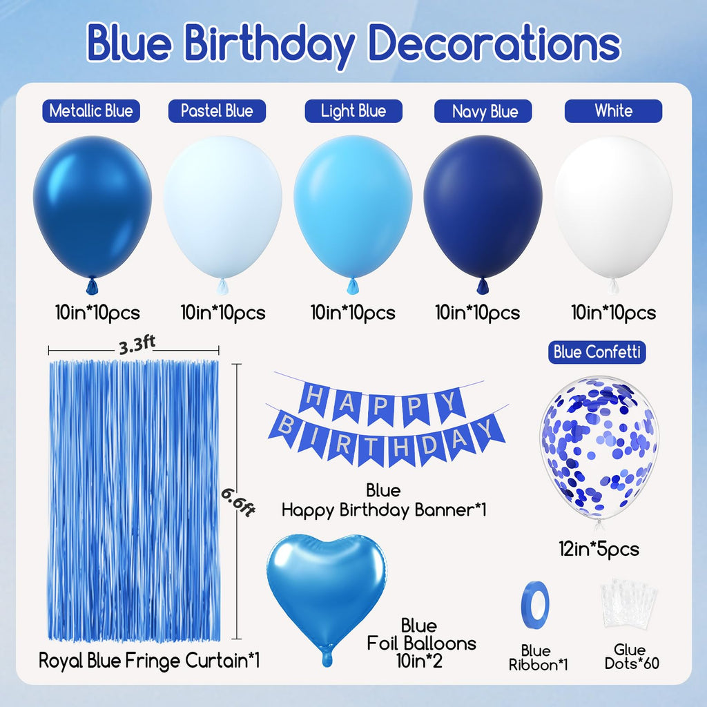 Blue Birthday Decorations for Women Men with Metallic Pastel Navy Blue Confetti White Foil Balloons Fringe Curtain Banner for 1st 15th 16th 18th 21st 25th Men Birthday Decorations