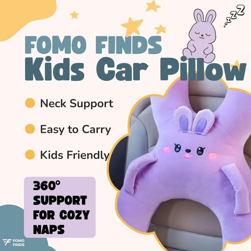 FOMO Finds Kids Car Sleeping Pillow - X-Shaped Plush Animal for Neck & Back Support - Hands & Seat Belt Slot - Machine Washable & Compressible - Perfect for Car, Plane, Train, Boat & More - Purple