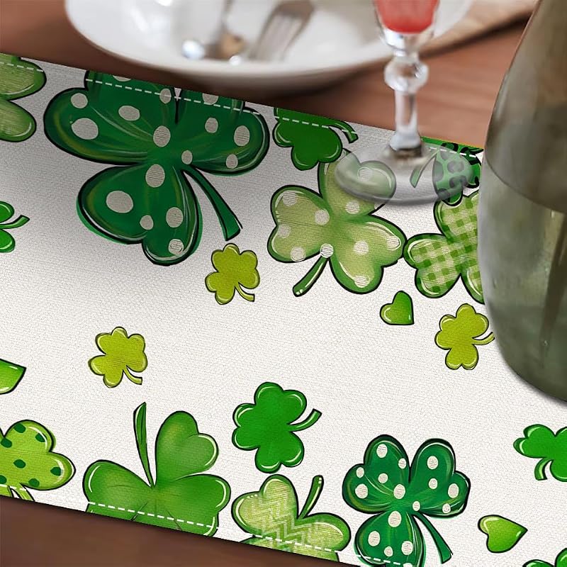 St. Patrick's Day Table Runner - 72x13 Inch Shamrock Linen Decor