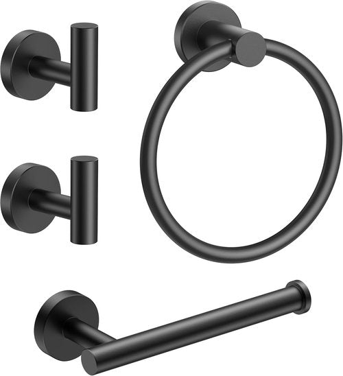 FORIOUS Bathroom Accessories Set - SUS304 Stainless Steel Toilet Paper Holder, Towel Ring & Hooks | Matte Black Finish