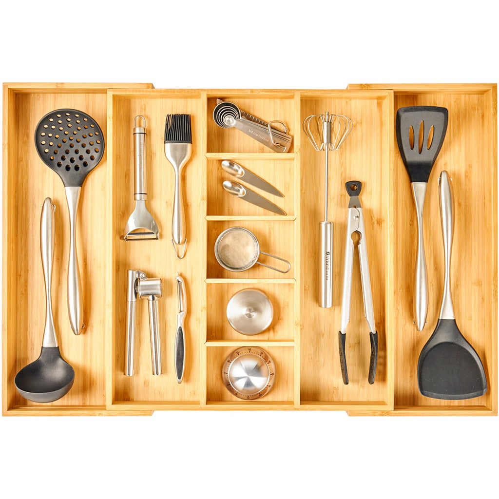 Umilife Extra Large Expandable Kitchen Drawer Organizer for Utensil and Junk, 19" Deep for Big Drawer, 17" to 28" Adjustable Bamboo Wood Drawer Divider, Cutlery Tray, Flatware Holder