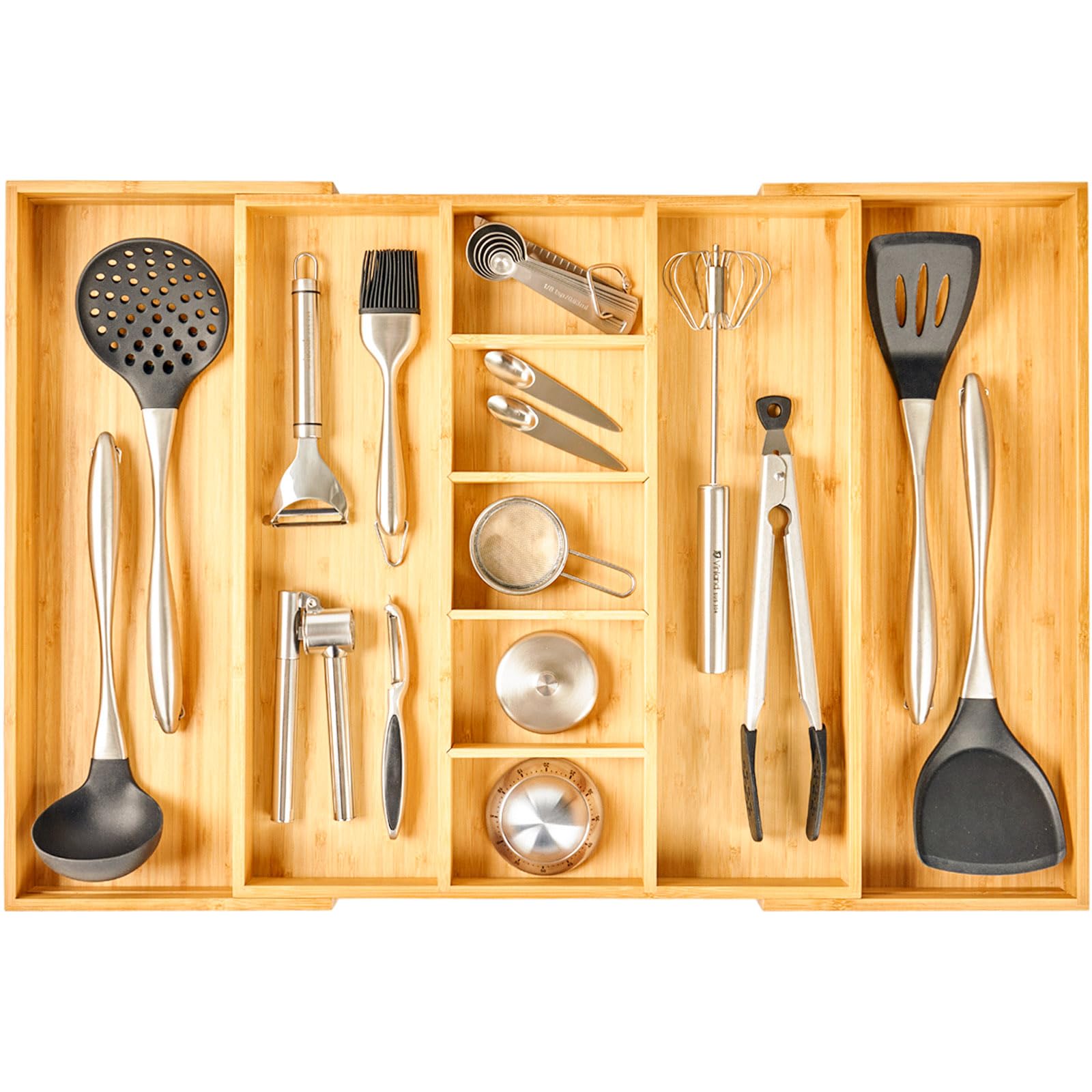 Umilife Extra Large Expandable Kitchen Drawer Organizer for Utensil and Junk, 19" Deep for Big Drawer, 17" to 28" Adjustable Bamboo Wood Drawer Divider, Cutlery Tray, Flatware Holder