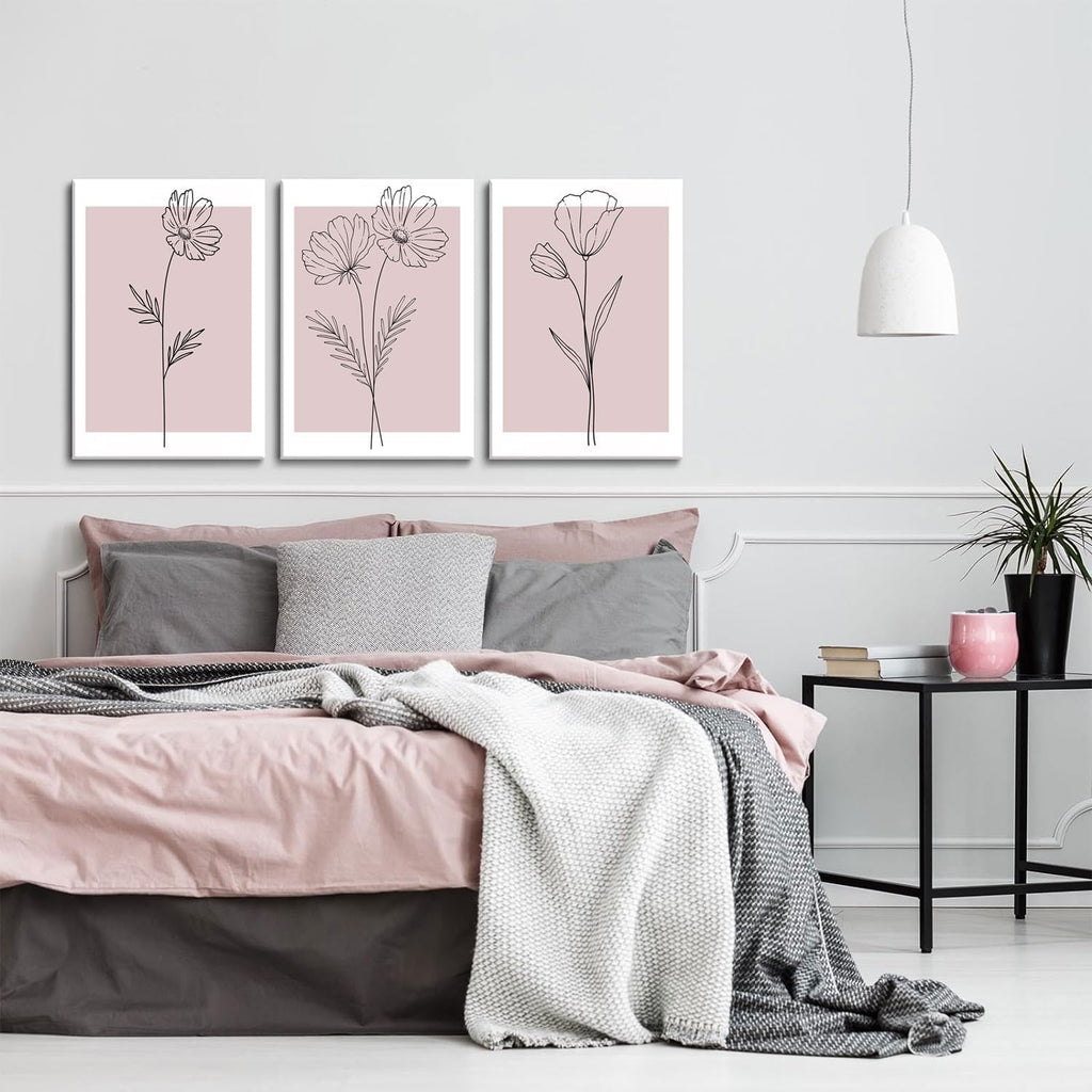 Pink Flower Market Wall Art Set of 3 - Aesthetic Canvas Prints for Bedroom & Living Room | Framed 12x16 Inch