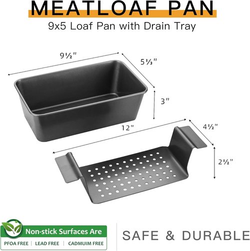 HONGBAKE Nonstick Meatloaf Pan Set - 4 Pack with Drain Tray | 9 x 5 Inches, Grey Baking Pans