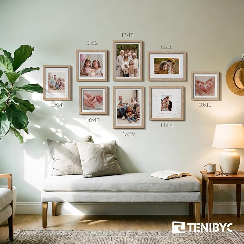 12x12 Picture Frame 4 Pack - Natural Wood, 10x10 Mat, Glass - TENIBYC Variation: Natural 4 Pack 12 X 12