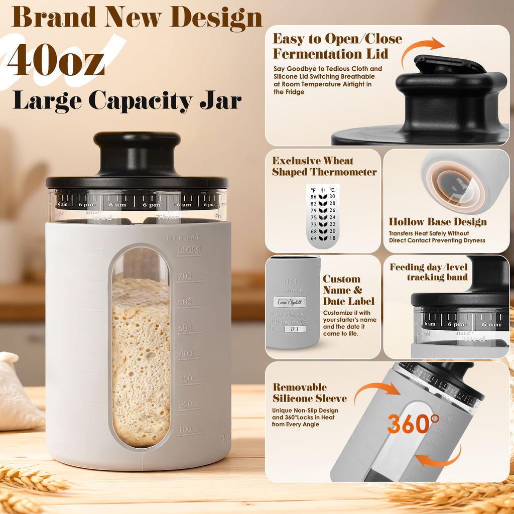 Sourdough Starter Kit with Aliquot Jar, Wood Pulp 9" Round & 10" Oval Bannetons & 34 oz Sourdough Starter Jar & Bread Sling Scrapers & Bag Complete Sourdough Baking Supplies
