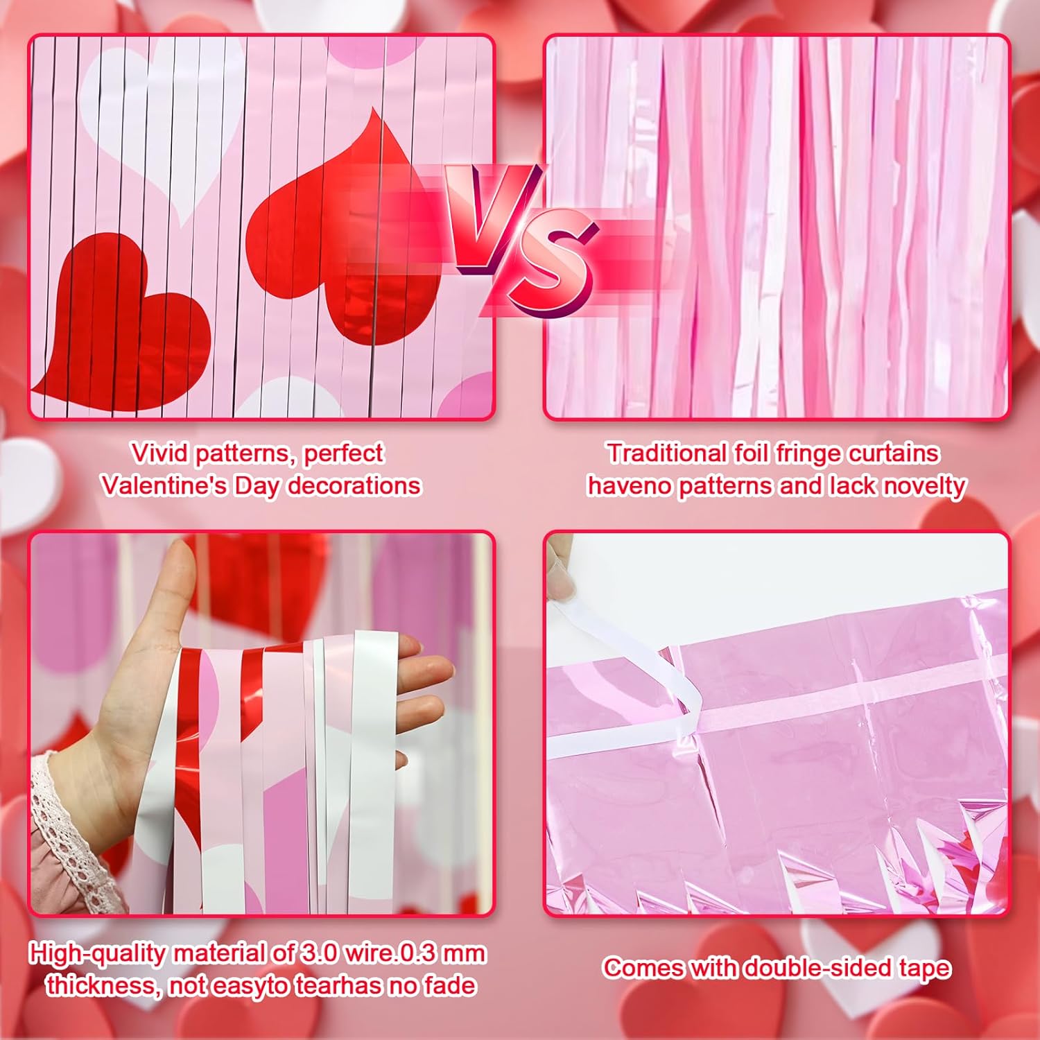Mega-L Birthday Party Decorations - 2 Pack Red, Pink & White Heart Foil Fringe Curtains | 3.3x6.6 ft Tinsel Backdrop