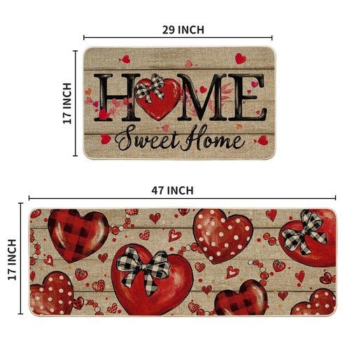 Artoid Mode Home Sweet Home Heart Beads Valentines Kitchen Mats Set of 2, Low-Profile Home Decor Kitchen Rugs for Floor - 17x29 and 17x47 Inch
