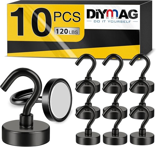 DIYMAG Magnetic Garage Hooks - Heavy Duty 120lbs Capacity | 10 Pack for Kitchen, Classroom & Grills - Black