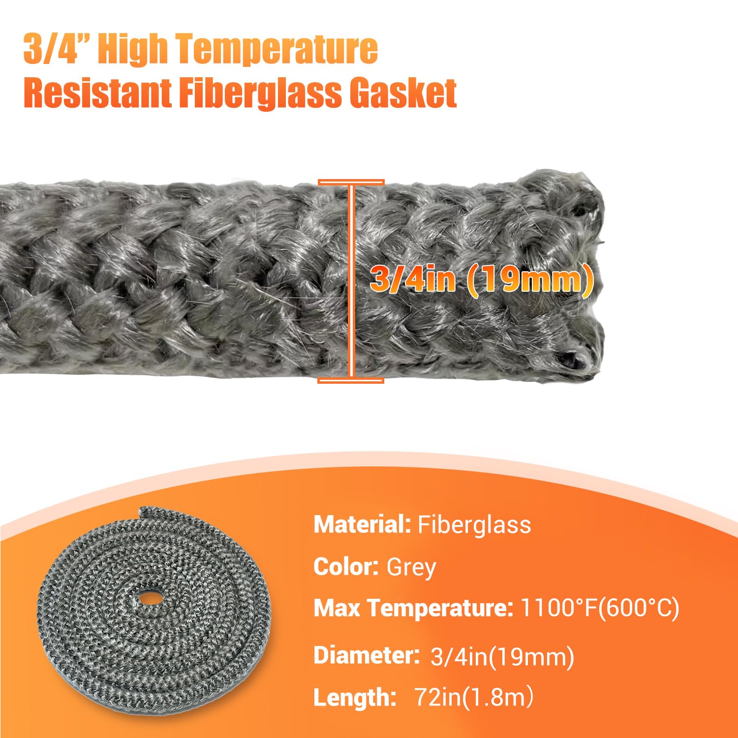 Protalwell Wood Stove Door Gasket, 3/4" Wood Stove Gasket Rope, Heat Resistance Fiberglass Gasket Replacement for Wood Stoves and Fireplaces, Grey Color, 72" Long