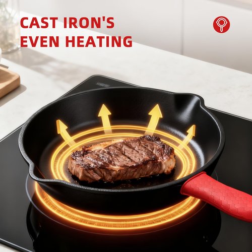 Cast Iron Skillet 3 Piece Set, Cookware Set 6, 8, 10 Inches, for Frying, Saute, &More, Easy Use in the Oven, Stove, Grill, or Campfire, Black, with Silicone Handle Grip Covers