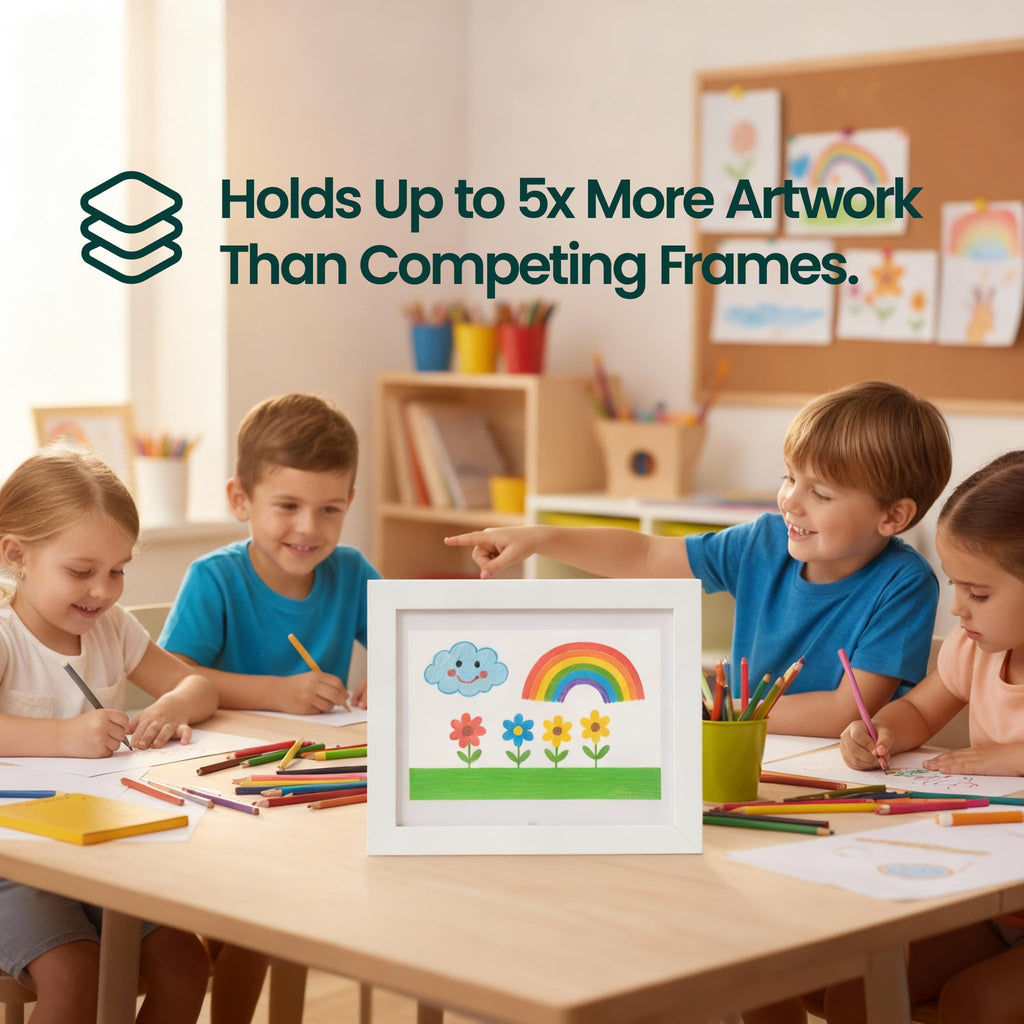 Artkiddo Magnetic Kids Art Frame 8.5x11 – Lift-Top Real Wood Artwork Display & Storage – Strap-Free Changeable Frame Holds 250 Drawings – Freestanding or Wall Mounted - White