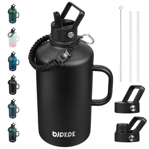 BJPKPK 1 Gallon Water Bottle Insulated with Straw Lid, 128oz Large, Stainless Steel Water Bottles with 3 Lids and Paracord Strap, Double Wall Vacuum Metal Water Jug,Black