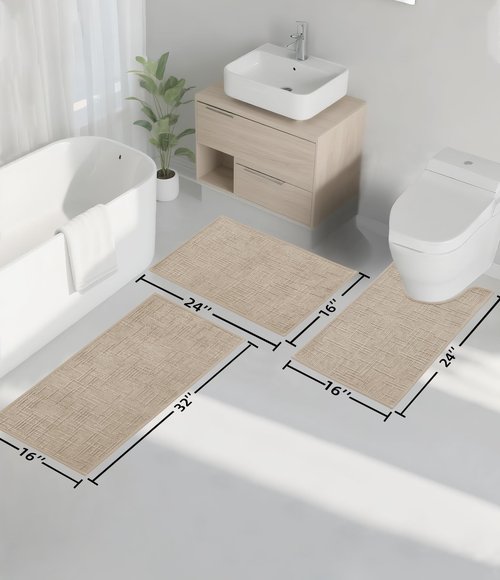 YIHOUSE Bathroom Rug Set 3 Piece Beige, Non Slip Bath Mats Sets of 3 Quick Dry, Absorbent Washable Thin Bathroom Rugs Fit Under Door for Elder, Sink, Laundry