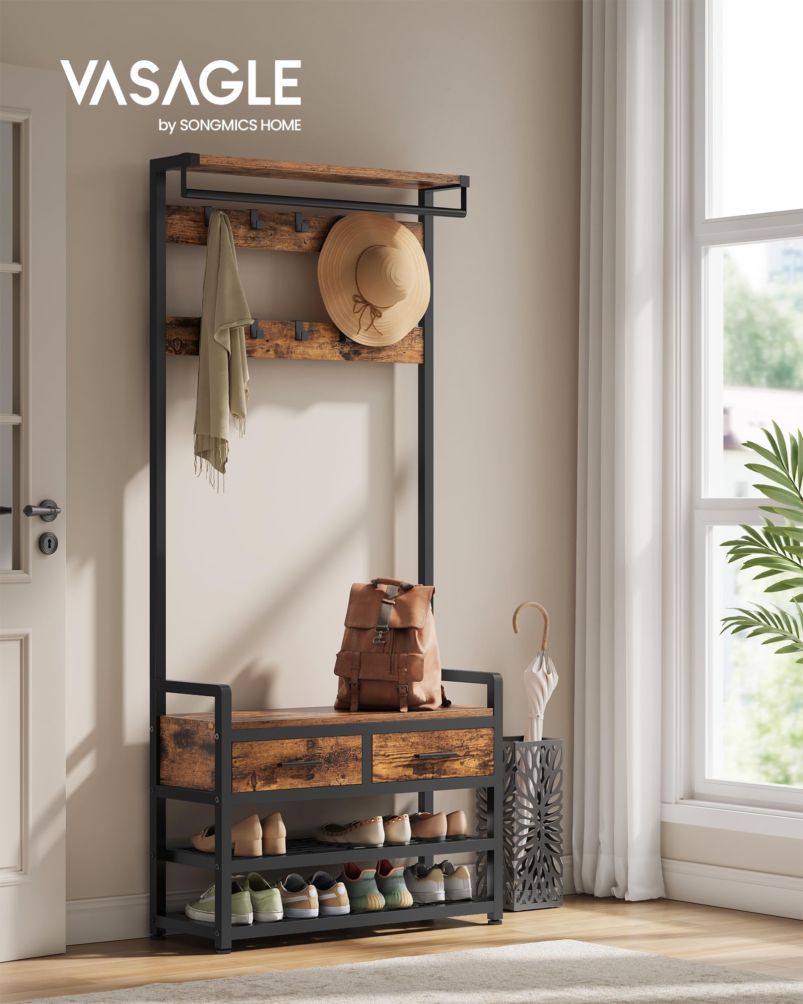 VASAGLE Hall Tree with Bench and Shoe Storage, Entryway Coat Rack with Shoe Bench, 2 Fabric Drawers, 10 Hooks, 11.8 x 31.7 x 71.5 Inches, Vintage Brown and Ink Black UHSR429B01