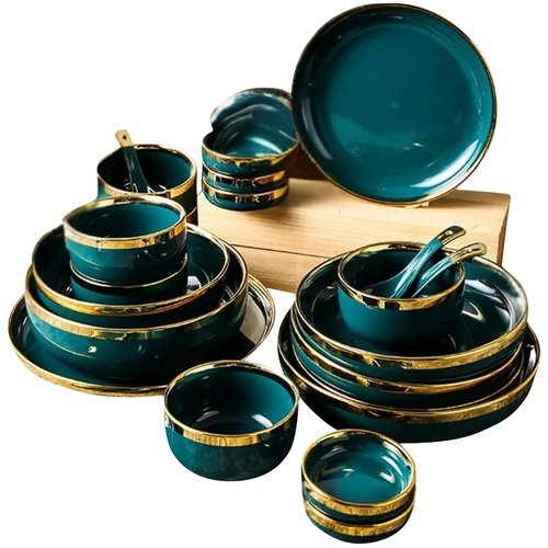 TRUCART - 18-Piece Ceramic Dinner Set for 4 People – Elegant Green Tableware with Rice Bowls, Spoons, Soup Bowl, Deep & Shallow Plates, and Saucers – Durable & Stylish