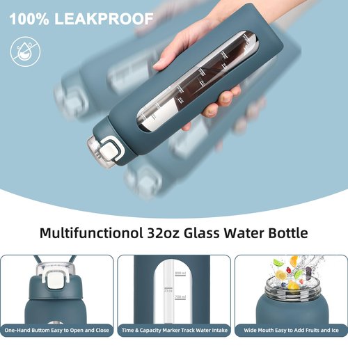chunmo 32 oz Glass Water Bottle with 2 Lids-Handle Spout Lid & Straw Lid, 1 Liter Motivational Borosilicate Water Bottle with Time Marker and Silicone Sleeve,Leakproof-Dark Blue-1 Pack