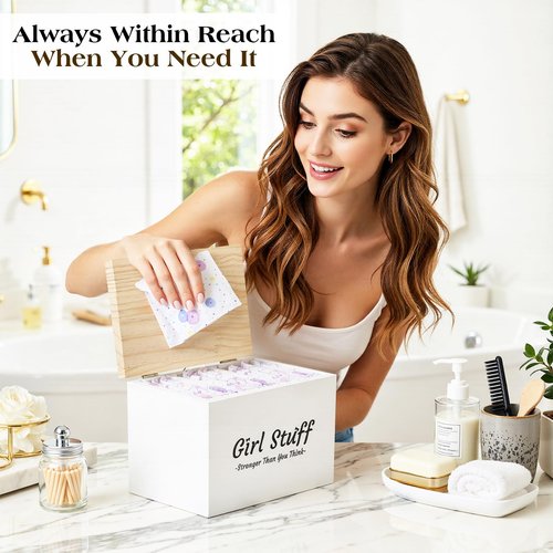 Luxspire Tampon Holder for Bathroom - Discreet Feminine Product Organizer with Lid & Wood Pad, Shark Week Tampon Storage Box, Stylish Girl Stuff Organizer for Bathroom, White