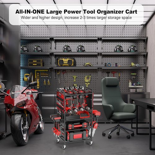 JUNNUJ Garage Tool Organizer Cart - Heavy-Duty Power Tool Storage with 20A Charging Station - Red