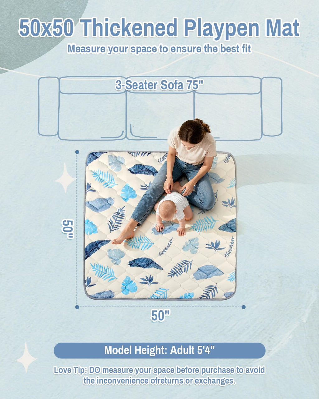 Skiennix Baby Play Mat - Thickened Non-Slip Floor Mat | 50x50 Portable Foldable Design for Crawling Babies