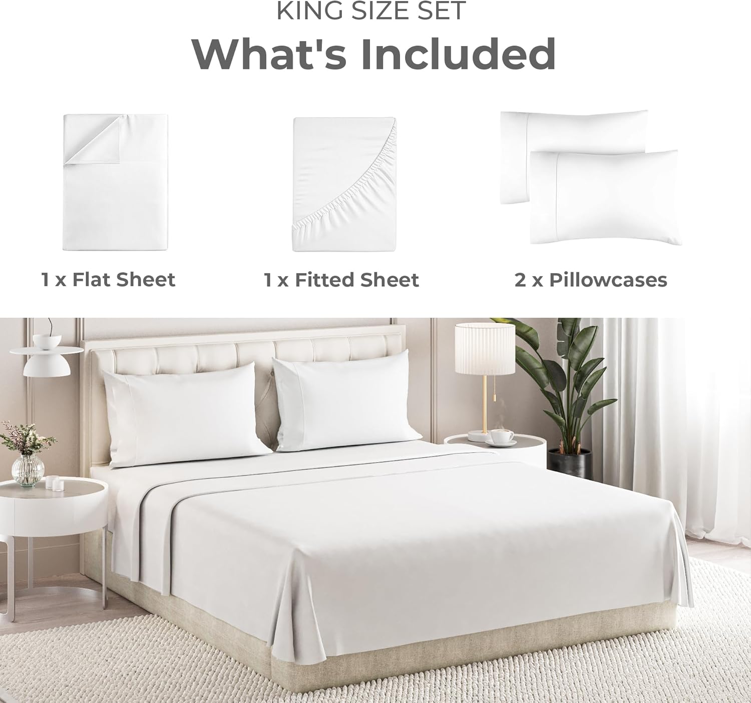 Sleepy Town King Size Bed Sheets - 4 Piece Set | Extra Soft, Cooling & Easy Care Brushed Microfiber (White)
