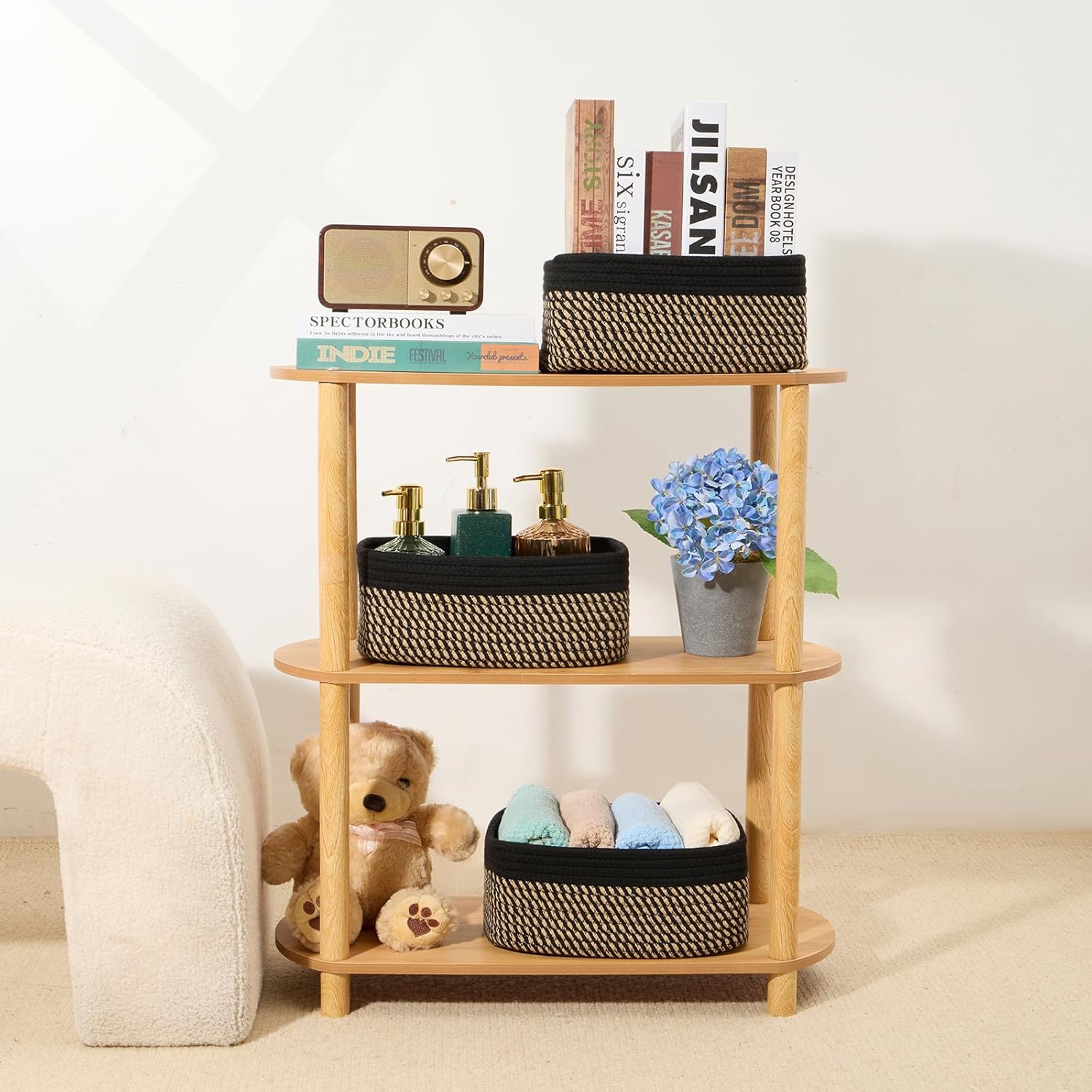 MiniArk Small Storage Baskets - Organizing Bins for Closet & Shelf | Woven Rope | 11.5x7.5x4.7” | 3 Pack in Black & Brown