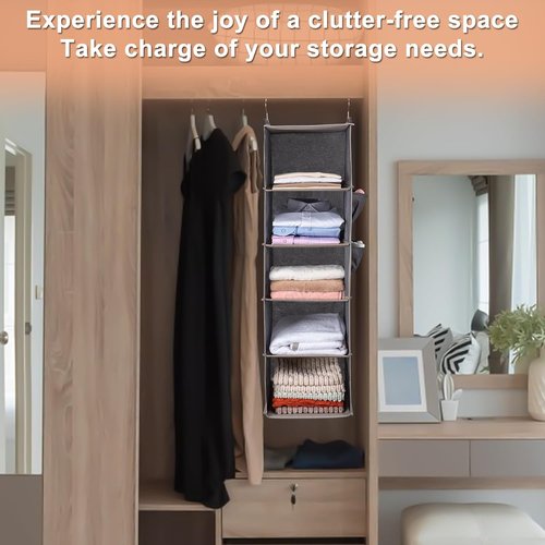 BOOMIBOO Hanging Closet Organizer - 5-Tier Shelves with 2 Side Pockets | Foldable Storage (Beige, 2 Pack)