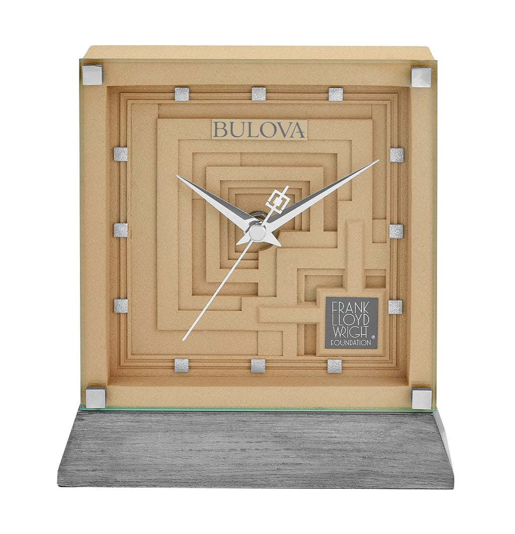 Bulova Ennis Table Clock B7755 | 7″ Frank Lloyd Wright Mayan Revival Resin Case with Washed Ash Base | Silent Sweep Quartz Movement | Battery Operated | Architectural Accent Piece