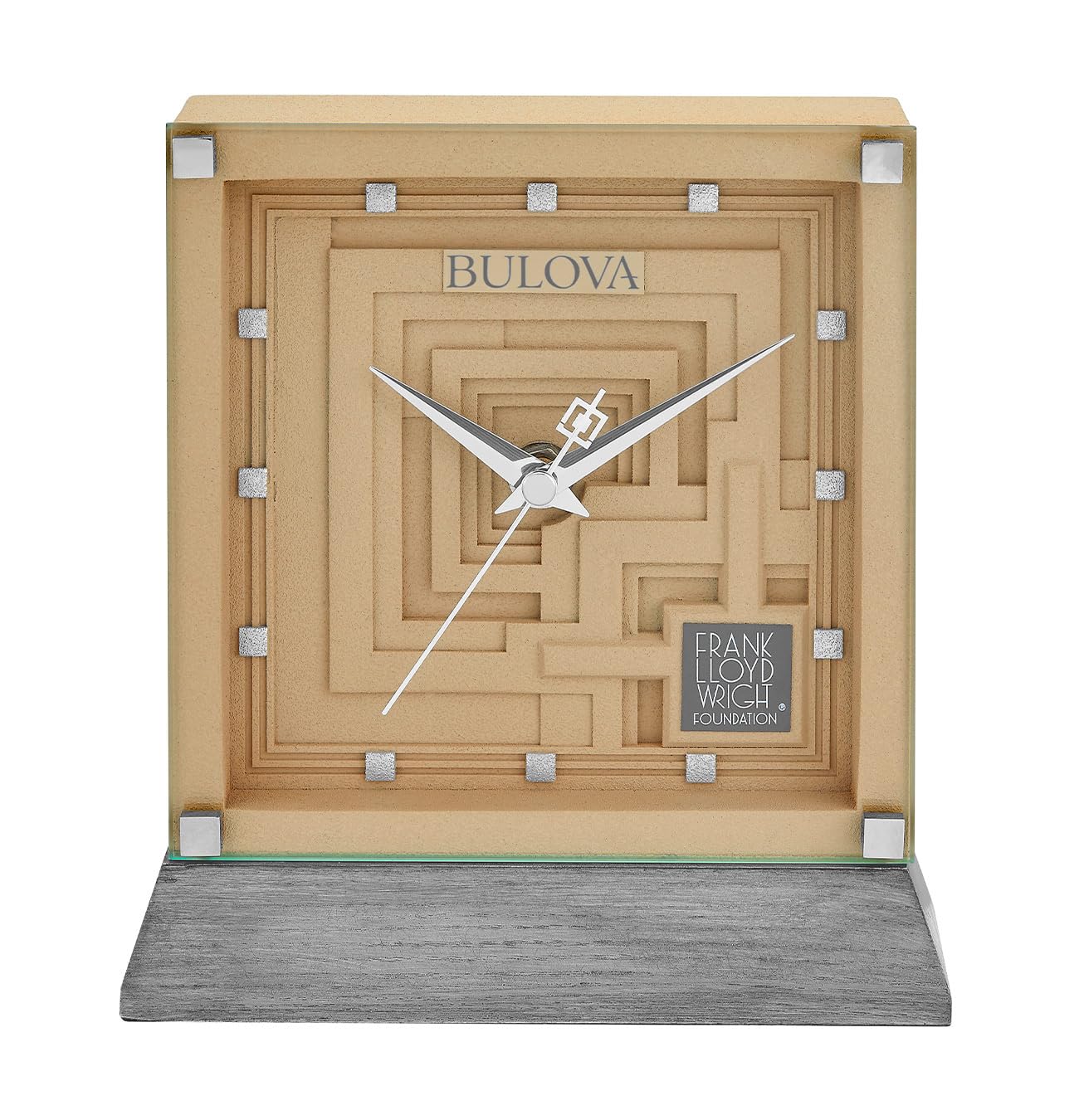 Bulova Ennis Table Clock B7755 | 7″ Frank Lloyd Wright Mayan Revival Resin Case with Washed Ash Base | Silent Sweep Quartz Movement | Battery Operated | Architectural Accent Piece