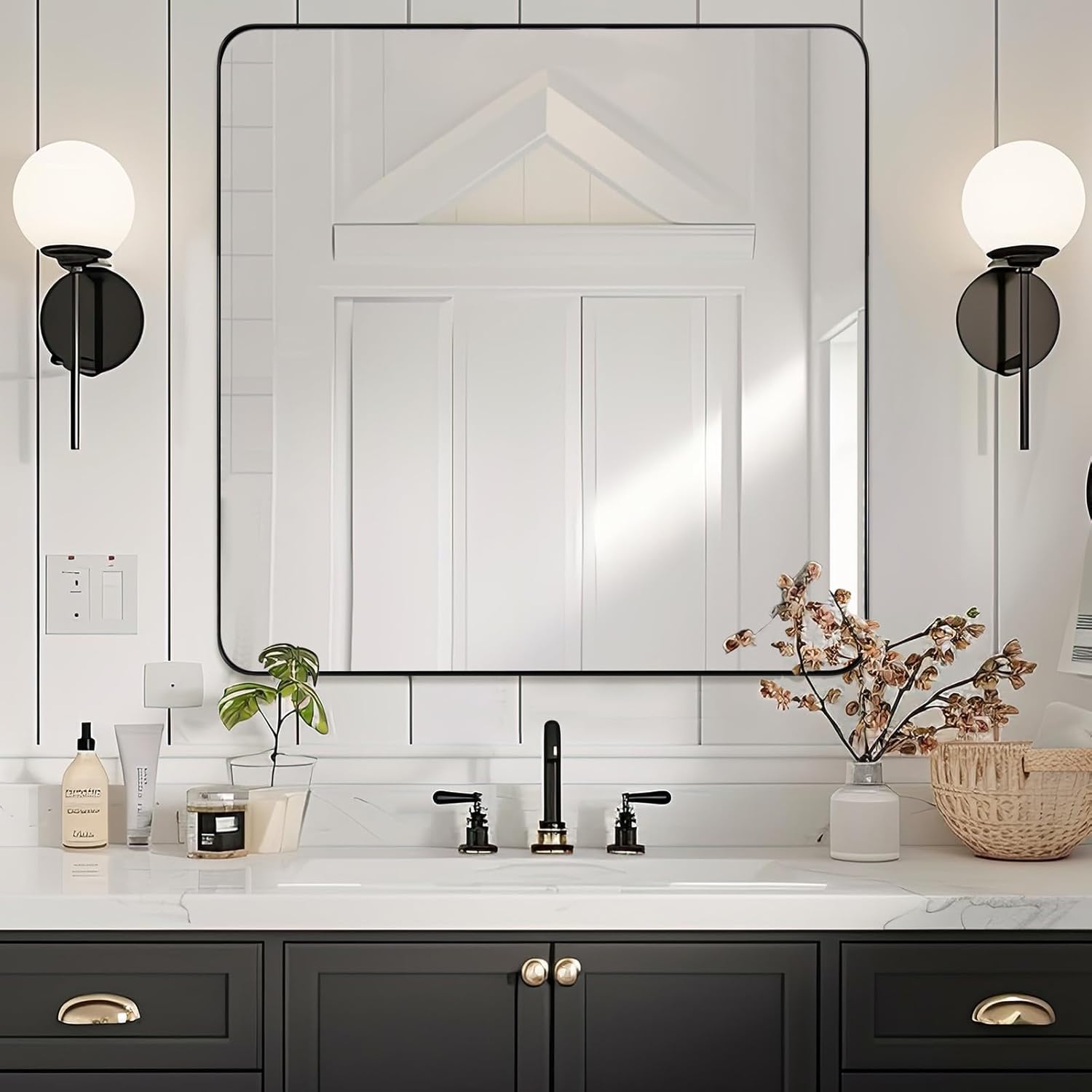 ANDY STAR Square Wall Mirror - 24”x24” Matte Black Metal Mirror with Rounded Corners | Premium Stainless Steel Frame