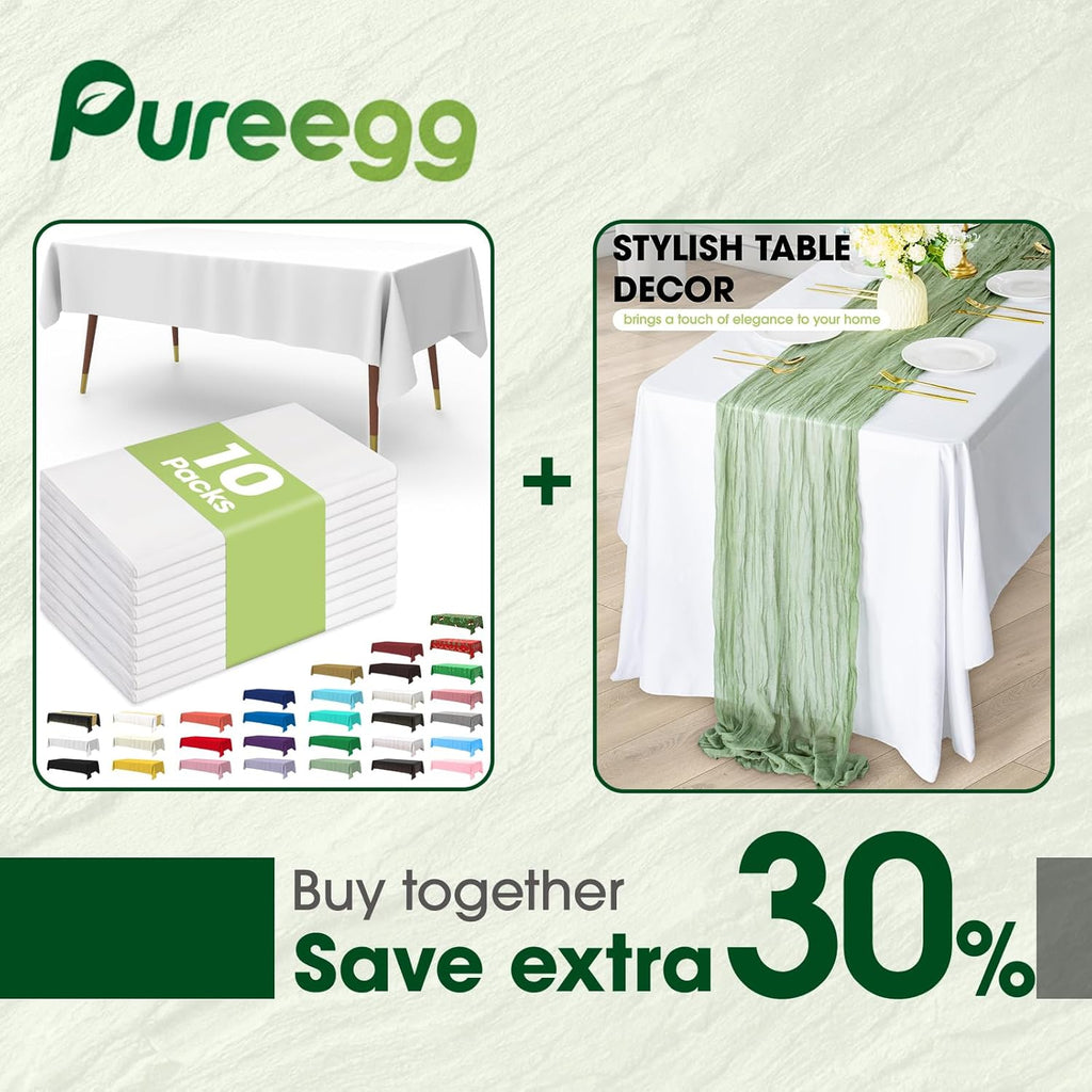 Pureegg Disposable Table Cloth Set - 10 Waterproof Tablecloths (54"x108") & 2 Cheesecloth Runners (35"x120") | Elegant White & Sage for Parties, Picnics, Weddings