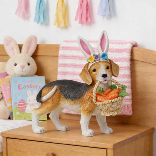Cynkeyee Dog Garden Statue - Adorable Beagle Puppy with Bunny Ears & Carrot Basket | 11.5x4x10.5 Inch Indoor/Outdoor Decor