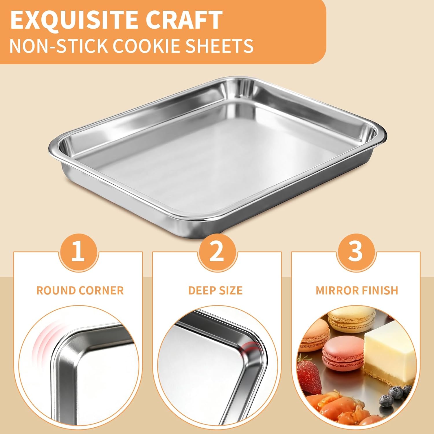 Skiennix Baking Sheet Set - Heavy-Duty Stainless Steel Cookie Pans | Non-Stick, Easy Clean, 10.5/12.4/16 Inch
