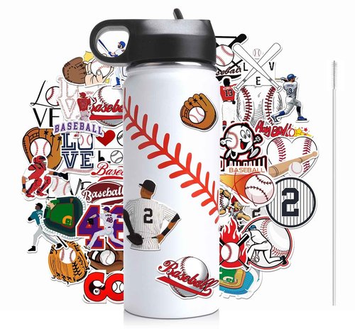 NJGCPRO Baseball Water Bottles for Boys, Stainless Steel Baseball Water Bottle Gifts Stuff for Boys & Kids with 50Pcs Stickers (18OZ)