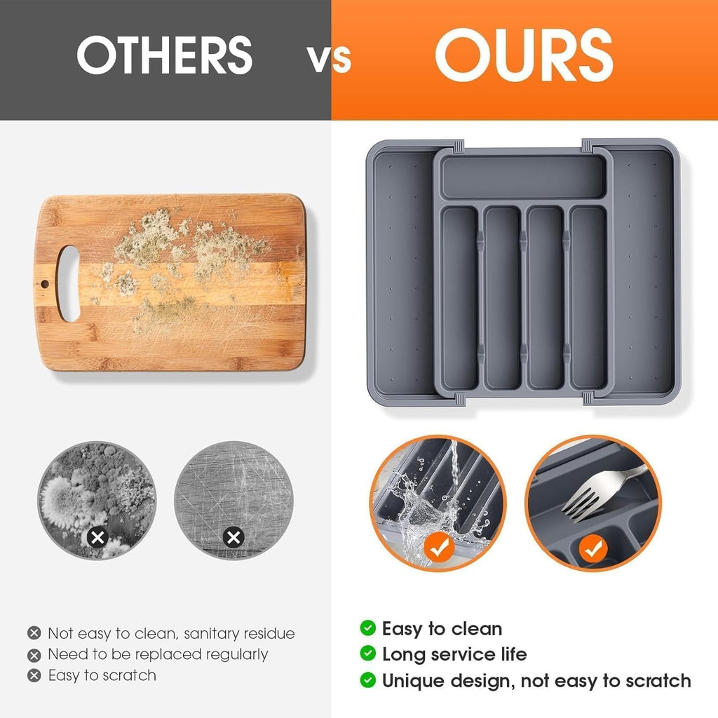 SpaceHacks Silverware Organizer - Adjustable & Expandable Utensil Drawer Holder | BPA-Free Cutlery Tray in Medium Grey