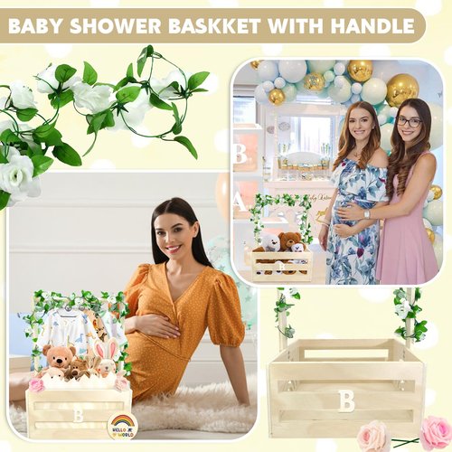 Amgkonp Wooden Baby Shower Crate Closet with Hanger Rack,Baby Baskets,Baby Shower Baskets with Handles & Garland for Newborn Boys Girls,Pregnancy Gifts for New Parents