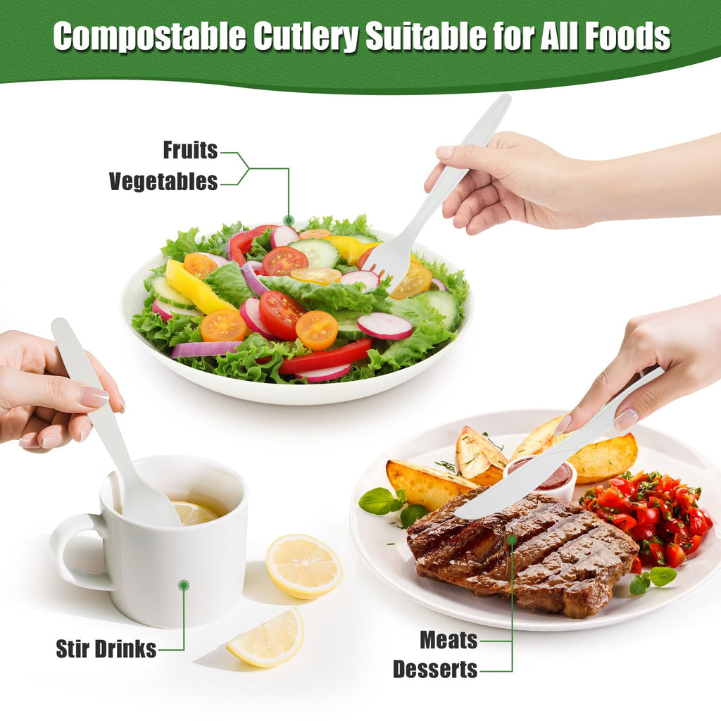 Pre Rolled Napkin Cutlery Set - Compostable Utensils 8" Large Disposable Utensils Wrapped Forks Knives Spoons Napkins Cornstarch Biodegradable Silverware Cutlery for Party (100)