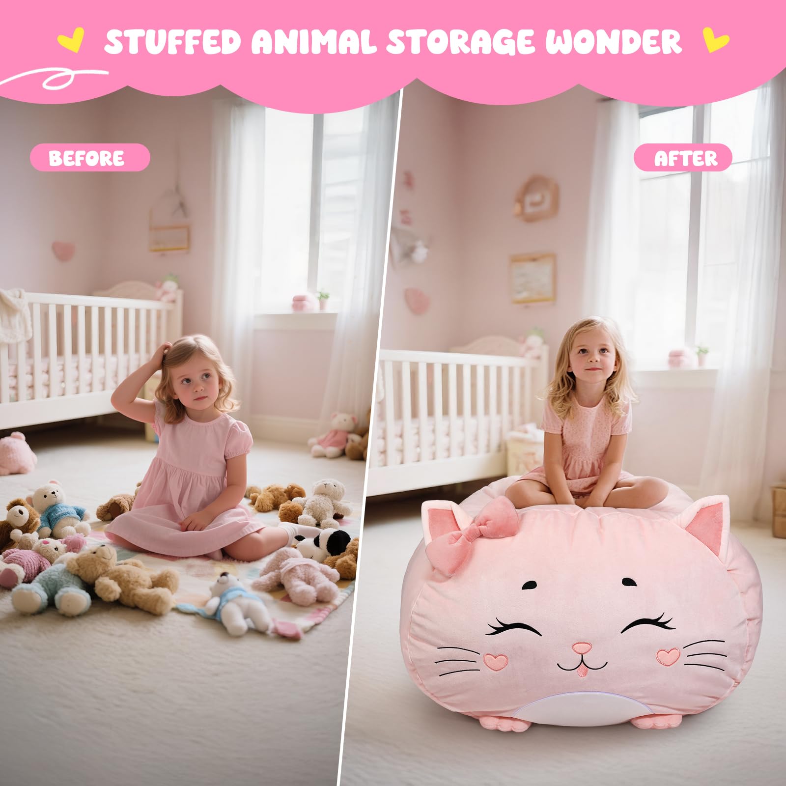 Children's Bean Bag Cover for Soft Toys 24 x 24 x 19.7 in - Toy Storage for Children's Room - Cuddly Toy Organiser for Plush Toys & Blankets Premium Velvet, Zip - Kitty